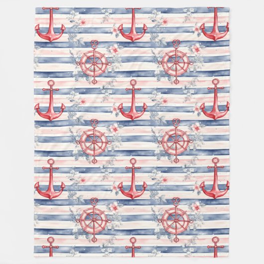 Blue Red Anchors Floral Stripes Beach  Fleecedecke (Vorderseite)