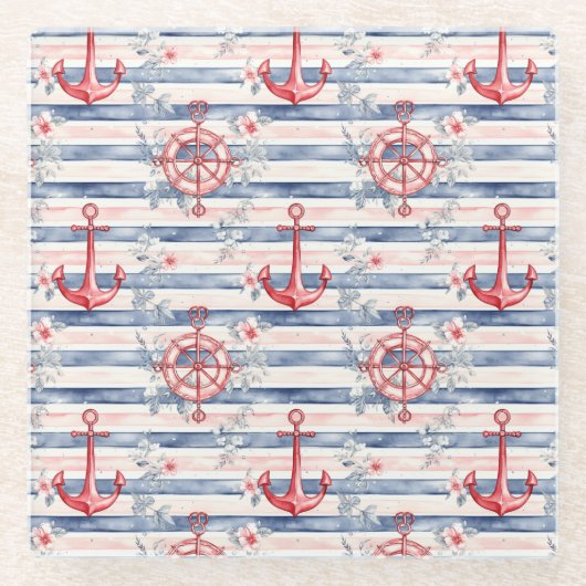 Blue Red Anchors Floral Stripes Beach  Glasuntersetzer (Vorderseite)