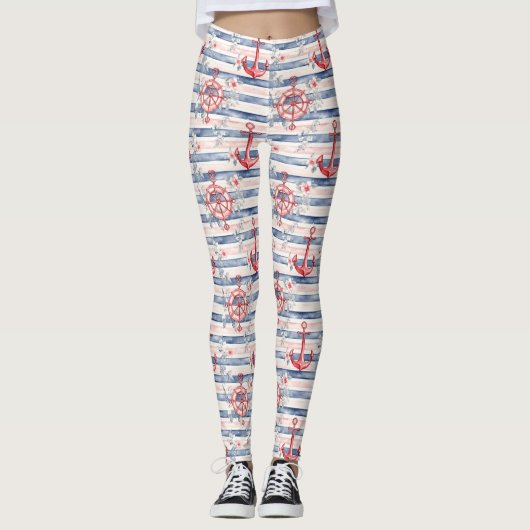 Blue Red Anchors Floral Stripes Beach  Leggings (Vorderseite)