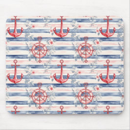 Blue Red Anchors Floral Stripes Beach  Mousepad