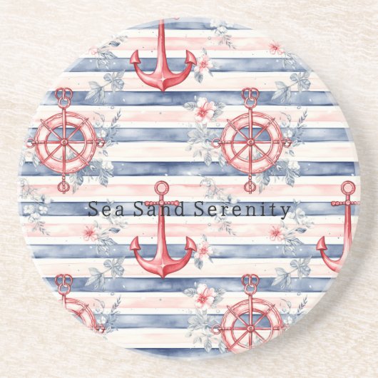 Blue Red Anchors Floral Stripes Beach Ocean Getränkeuntersetzer (Vorne)