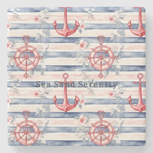 Blue Red Anchors Floral Stripes Beach Ocean Steinuntersetzer (Vorderseite)