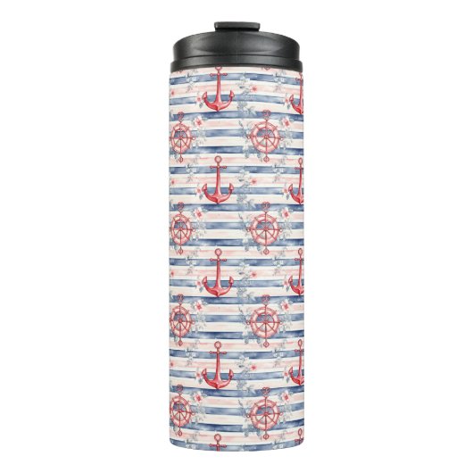 Blue Red Anchors Floral Stripes Beach  Thermosbecher (Vorderseite)
