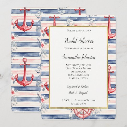 Blue Red Anchors Floral Stripes Bridal Shower Einladung (Vorne/Hinten)