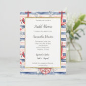 Blue Red Anchors Floral Stripes Bridal Shower Einladung (Stehend Vorderseite)