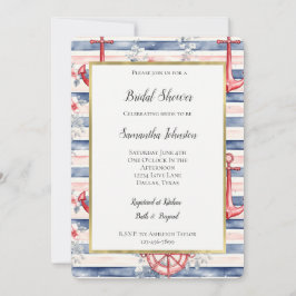 Blue Red Anchors Floral Stripes Bridal Shower Einladung
