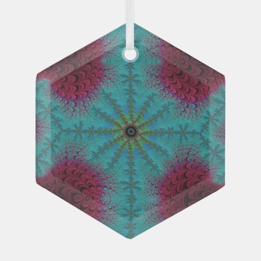 Blue Red and Green Starburst Fractal Suncatcher Ornament Aus Glas (Vorderseite)