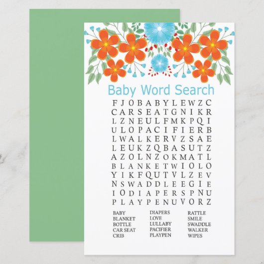 Blue Red Blume Baby Dusche Word Search Game (Vorne/Hinten)
