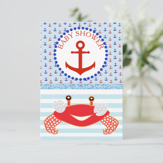 Blue & Red Boy Crab Beachy Baby Dusche Einladung (Stehend Vorderseite)