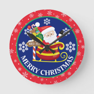 Blue Red Christmas Santa Sleigh Winter Runde Wanduhr