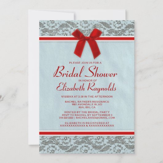 Blue & Red Country Lace Bridal Shower Invitations Einladung (Vorderseite)