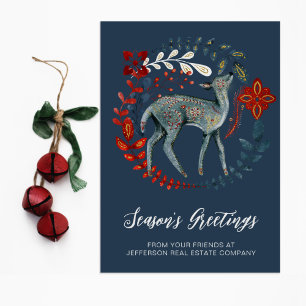 Blue Red Deer Wreath Nordic Folk Business Feiertagspostkarte