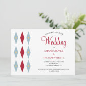 Blue Red Diamond Yellow Star Mid Century Wedding Einladung (Stehend Vorderseite)