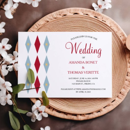 Blue Red Diamond Yellow Star Mid Century Wedding Einladung