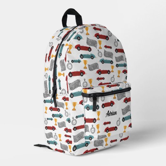 Blue & Red Fast Retro Vintag Racing Cars School Bedruckter Rucksack (Rückseitige Ecke links)