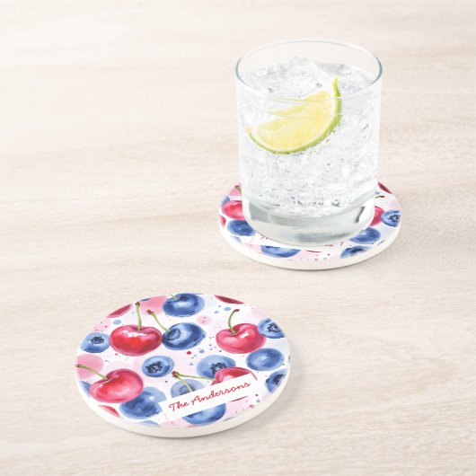 Blue Red Frucht Cherry Berry Sandstone Untersetzer (Seite)