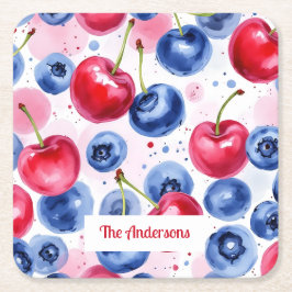 Blue Red Fruit Food Pattern Berry Cherry Rechteckiger Pappuntersetzer