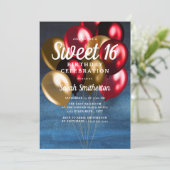 Blue Red Gold Balloons Sweet 16 Einladung (Stehend Vorderseite)