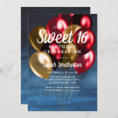 Blue Red Gold Balloons Sweet 16 Einladung (Vorne/Hinten)