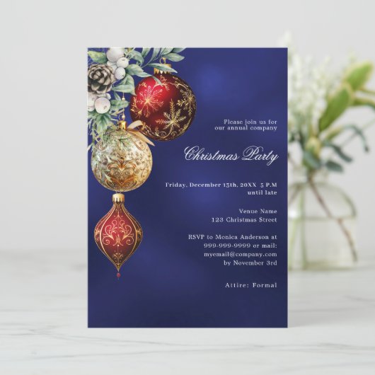 Blue Red Gold Baubles Business Weihnachtsfest Part Einladung (Stehend Vorderseite)