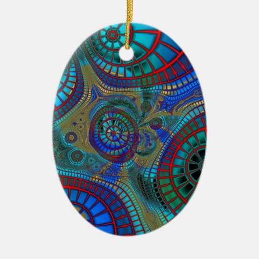 Blue Red Green Fraktale Moderne Kunst Keramikornament (Vorne)
