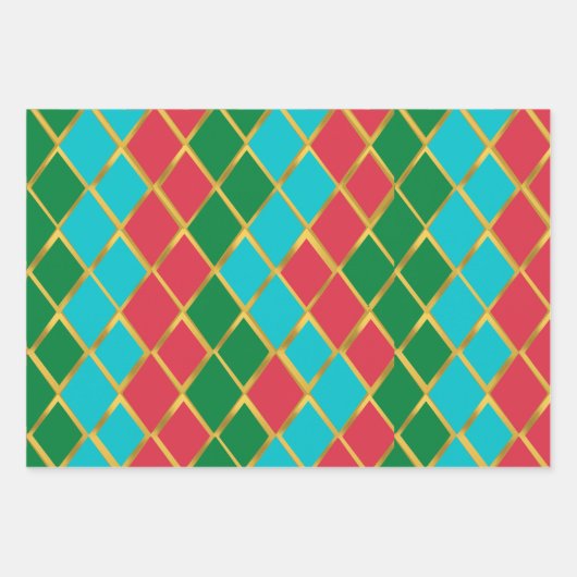 Blue Red Green Gold Diamond Muster Geschenkpapier Set (Vorderseite)