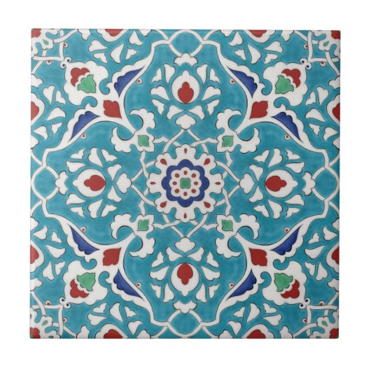 Blue Red Green White Azulejo Pattern Fliese (Vorderseite)