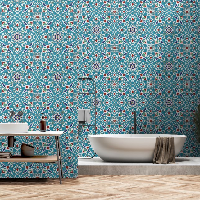 Blue Red Green White Azulejo Pattern Tapete (Badezimmer)