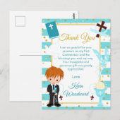 Blue Red Hair Boy Erste Kommune Vielen Dank Postkarte (Vorne/Hinten)