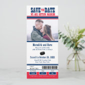 Blue Red Hockey Game Ticket Wedding Save the Date (Stehend Vorderseite)