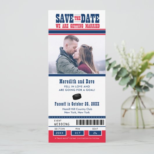 Blue Red Hockey Game Ticket Wedding Save the Date (Stehend Vorderseite)