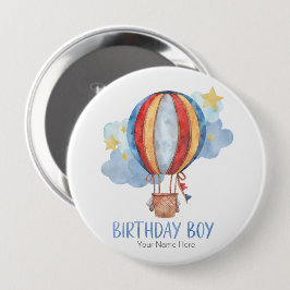 Blue Red Hot Air Ballon Stars Happy Birthday Boy Button