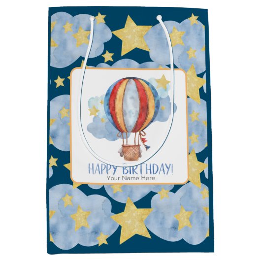 Blue Red Hot Air Ballon Stars Kinder glücklich Geb Mittlere Geschenktüte (Vorderseite)