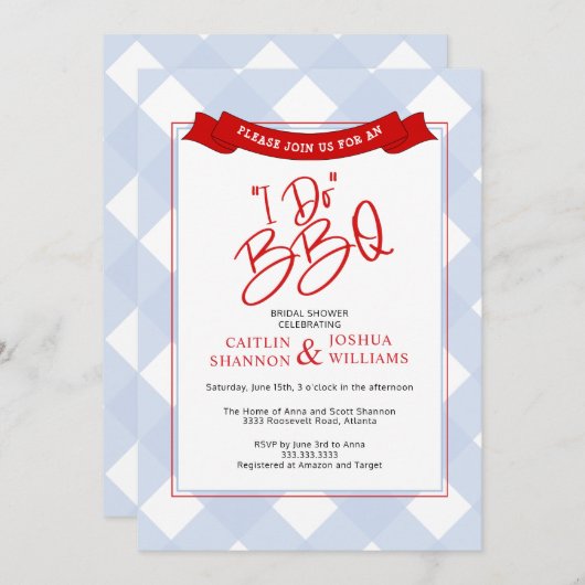 Blue Red Kariert I Do GRILLEN Brautparty Einladung (Vorne/Hinten)