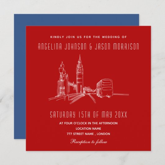Blue Red London Wedding Einladung (Vorne/Hinten)