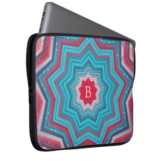 Blue & Red Mandala Rosette Pattern Monogram Laptopschutzhülle (Vorne Rechts)