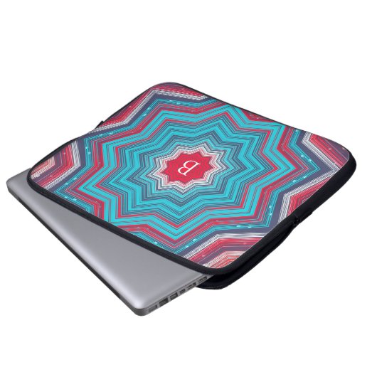 Blue & Red Mandala Rosette Pattern Monogram Laptopschutzhülle (Vorne Knopf)