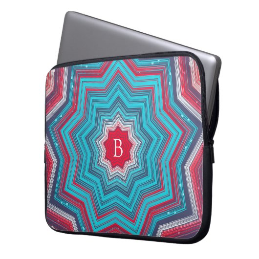 Blue & Red Mandala Rosette Pattern Monogram Laptopschutzhülle (Vorderseite Links)