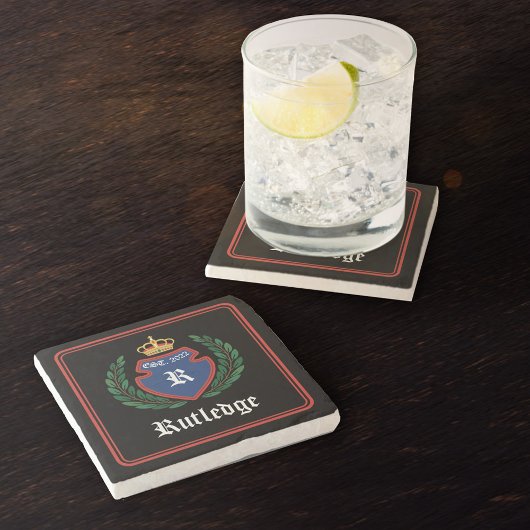 Blue Red Mit Monogramm Wappen Crown Laurel Wreath Steinuntersetzer