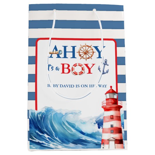 Blue Red Nautical Ahoy Boy Lighthouse Baby Shower Mittlere Geschenktüte (Vorderseite)