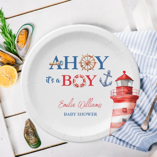 Blue Red Nautical Ahoy Boy Lighthouse Baby Shower Pappteller