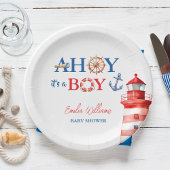 Blue Red Nautical Ahoy Boy Lighthouse Baby Shower Pappteller