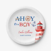 Blue Red Nautical Ahoy Boy Lighthouse Baby Shower Pappteller (Vorderseite)