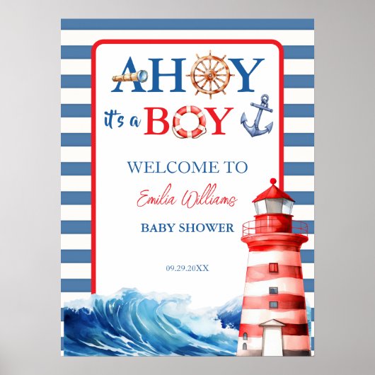 Blue Red Nautical Ahoy Boy Lighthouse Kinderdusche Poster (Vorne)