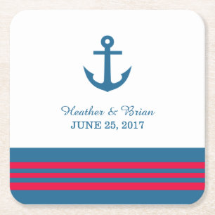 Blue Red Nautical Anchor Wedding Paper Untersetzer