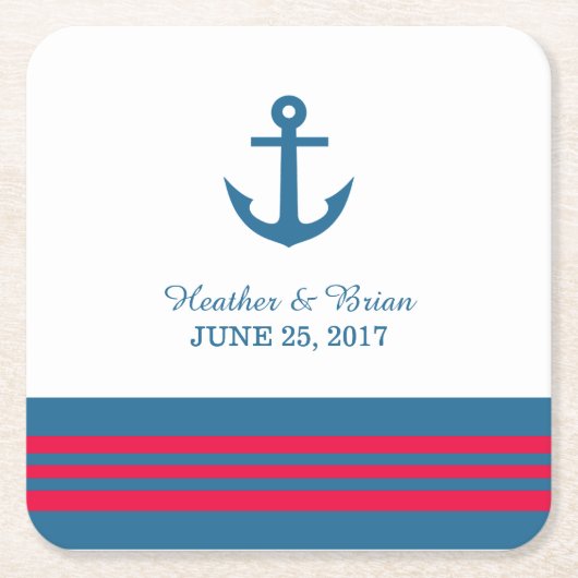 Blue Red Nautical Anchor Wedding Paper Untersetzer (Vorderseite)