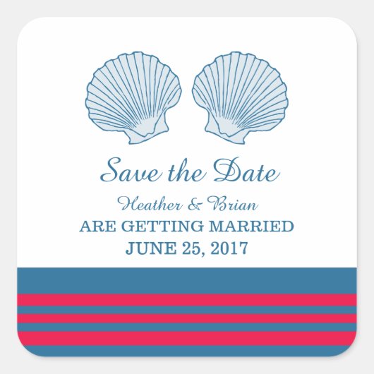 Blue Red Nautical Seashells Save the Date Quadratischer Aufkleber (Vorderseite)