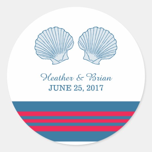 Blue Red Nautical Seashells Wedding Stickers (Vorderseite)