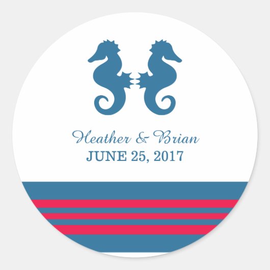 Blue Red Nautical Seepferd Wedding Stickers (Vorderseite)