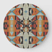 Blue Red Orange Taupe Brown Black Tribal Art Große Wanduhr (Vorderseite)